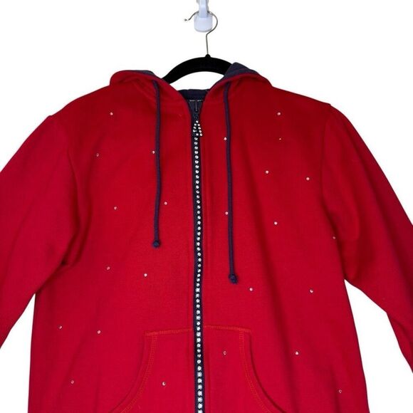 Quacker Factory Red & Navy Hooded Zip Sweatshirt with Crystal Beading Sz S - Picture 2 of 14